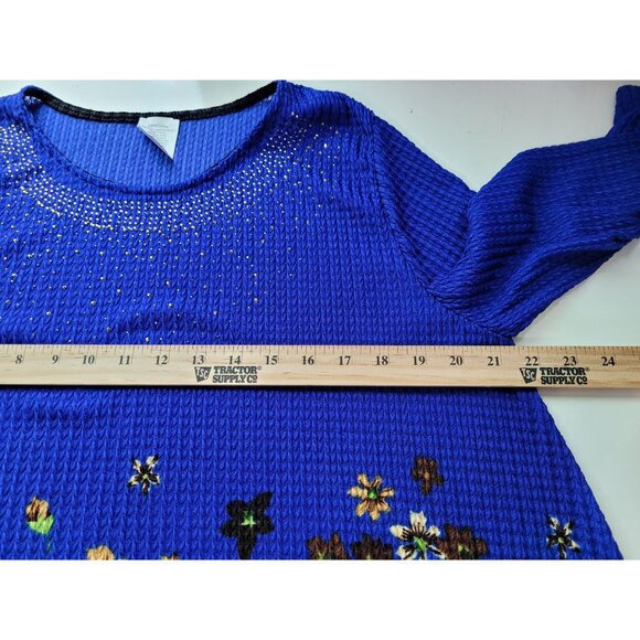 Blue Floral Womens Tunic Top XL Rhinestone Embellished 3/4 Sleeve Stretch - Picture 3 of 9